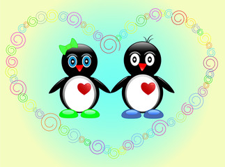 Two lovers penguin surrounded by hearts, Valentine's Day postcard