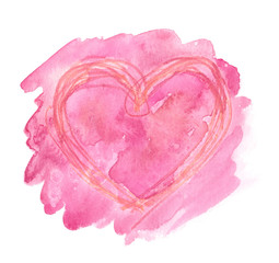 Bright pink backdrop with scribbled heart outline, painted in watercolor on clean white background