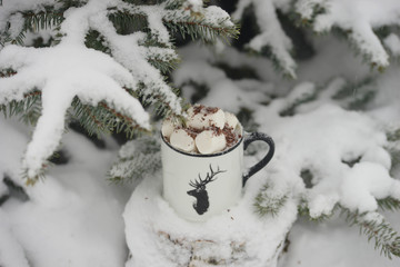 Obraz na płótnie Canvas Drink with marshmallows in winter under the tree.
