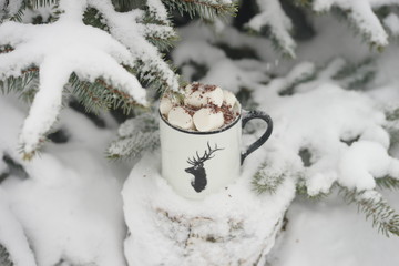 Drink with marshmallows in winter under the tree.