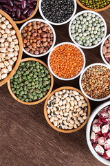 Various assortment of indian legumes - beans, chickpeas, lentils, dal top view.