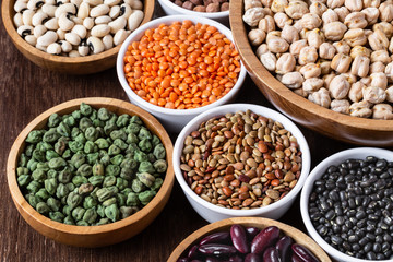 Various assortment of indian legumes - beans, chickpeas, lentils, dal top view.