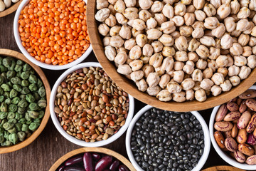 Various assortment of indian legumes - beans, chickpeas, lentils, dal top view.