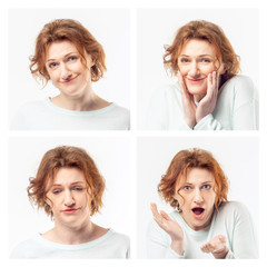The collage from different face expressions of a senior beautiful ginger woman. Happy and sad, surprised and tired. Human emotions concept
