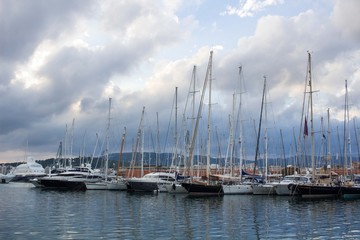Fototapeta na wymiar Panoramic view of dramatic cloudy skyscape in Mallorca marina