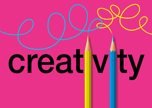Concept de la créativité, avec le mot écrit en noir sur un fond rose et deux crayons de couleurs jaune et bleu qui remplace les i, et tracent deux lignes de couleurs, enlacées.