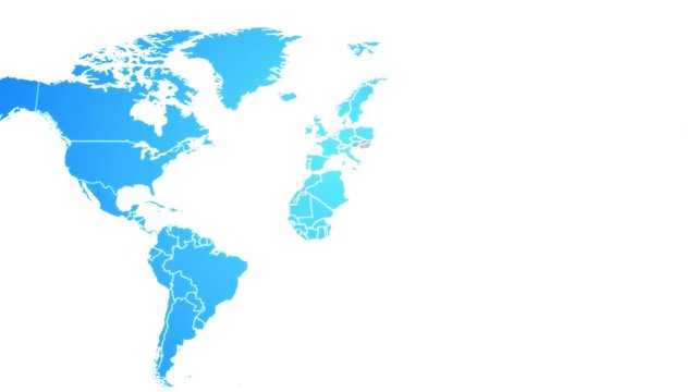 World Map Showing Up Intro By Countries/ 4k animated global world map intro background with countries appearing and fading one by one and camera movement