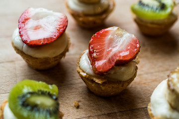 Mini Tarts, Tartolet or Tartlets with Strawberry, Cream and fresh fruits