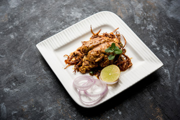 Brain / Bheja Fry of goat, sheep or lamb is a popular Indian or pakistani dish cooked on Bakra Eid(Eid-ul-zuha). served in karahi, pan or plate. selective focus