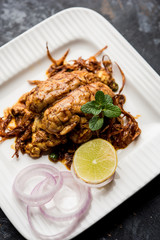 Brain / Bheja Fry of goat, sheep or lamb is a popular Indian or pakistani dish cooked on Bakra Eid(Eid-ul-zuha). served in karahi, pan or plate. selective focus