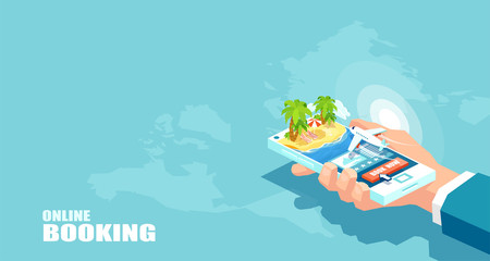 Vector vacation tourism and online booking of airline tickets concept. Buying travel package.