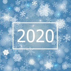 Abstract blue background. A lot of different shining snowflakes. Greeting card 2020. Vector illustration. Eps 10.