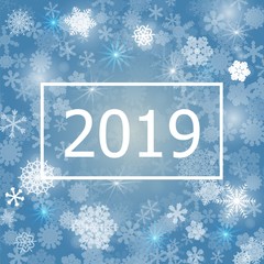 Abstract blue background. A lot of different shining snowflakes. Greeting card 2019. Vector illustration. Eps 10.