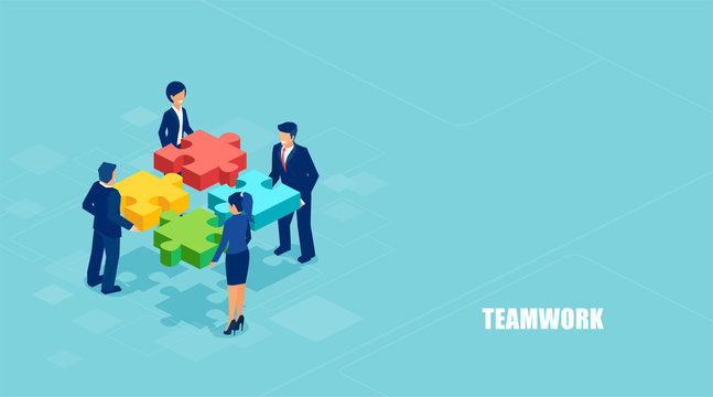 Isometric vector of business people solving a problem in team isolated on blue background.