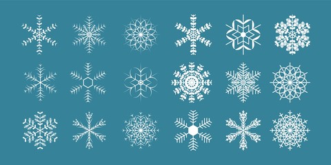 Set of different shining snowflakes icon on a blue background. Vector illustration. Eps 10.