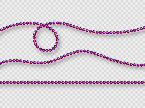 Realistic purple beads isolated on transparent background. Decorative elements for holiday design, Mardi Gras carnival. Vector illustration.