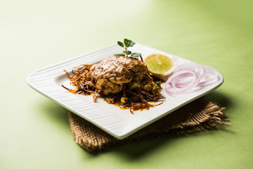 Brain / Bheja Fry of goat, sheep or lamb is a popular Indian or pakistani dish cooked on Bakra Eid(Eid-ul-zuha). served in karahi, pan or plate. selective focus