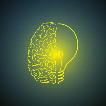 Vector : Lightbulb with brain on blue background