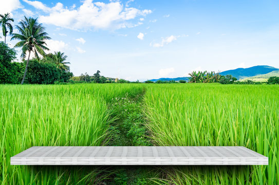 Empty counter shelf on paddy farm nature background