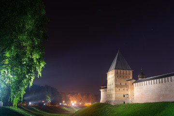 Veliky Novgorod, Russia.Pokrovskaya and Zlatousta towers.Novgorod Kremlin. Night view.