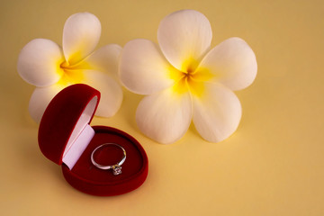 Obraz na płótnie Canvas Elegant diamond engagement ring in red box with tropical white flowers (plumeria) on yellow background. Concept for greeting card, postcard. Copy space.