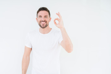 Young handsome man wearing casual white t-shirt over isolated background smiling positive doing ok sign with hand and fingers. Successful expression.