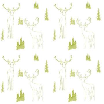 winter seamless pattern with glittering fir trees and deer in forest