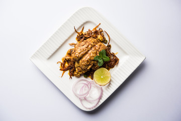 Brain / Bheja Fry of goat, sheep or lamb is a popular Indian or pakistani dish cooked on Bakra Eid(Eid-ul-zuha). served in karahi, pan or plate. selective focus