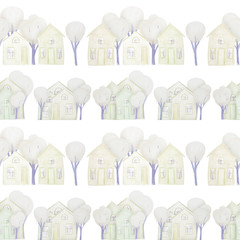 seamless pattern with winter houses drawn with colored pencils