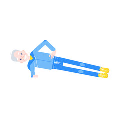 Vector flat elderly man in sportsuit doing sport. Old male character working out abdominal muscles doing side plant. Grandfather at retirement, pension and healthy lifestyle.