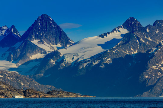 Entrance to Skjoldungen Fjord, Skjoldungen Island, early morning, King Frederick VI Coast, remote South East Greenland, Denmark