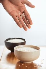 White rice in bowl on table. Concept asian food