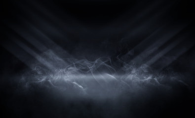 Background of an empty room, reflection of neon light on a concrete floor, puffs of smoke