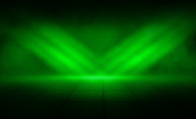 Background of an empty room, reflection of green neon light on a concrete floor, puffs of smoke
