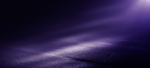 The background of wet asphalt, the reflection of the night lights of the city, neon light, smoke