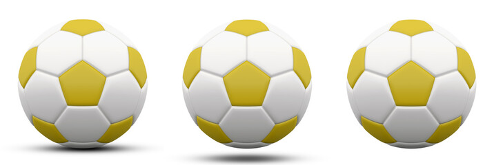 Fototapeta premium yellow and white soccer ball in three versions, with and without shadow. Isolated on white. 3d render.