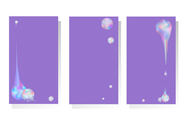 Set of designs with abstract vector compositions with iridescent rainbow spheres. Groups of balls with flowing holographic effect.