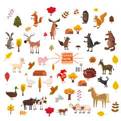 Fototapeta premium Set of cute and cute farm and forest animals, fox, bear, wolf, pig, rabbit, cat, raccoon, cow, horse, bull, cow, squirrel, cartoon style, greeting card, illustration, vector, banner, isolated