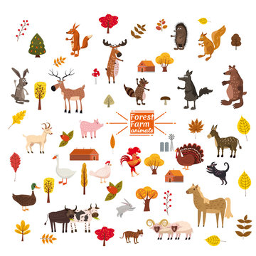 Set of cute and cute farm and forest animals, fox, bear, wolf, pig, rabbit, cat, raccoon, cow, horse, bull, cow, squirrel, cartoon style, greeting card, illustration, vector, banner, isolated