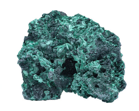 Dark green fibrous Malachite cluster from Shaba Province, Zaire, isolated on white background.