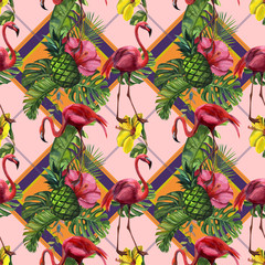 Watercolor tropical wildlife, flamingo bird, seamless pattern. Hand Drawn jungle nature, flowers illustration. Print for textile, cloth, wallpaper, scrapbooking