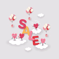 Valentines Day Sale, background with cute cartoon hearts on cloud, vector