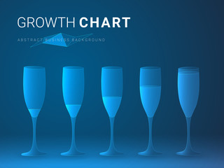 Abstract modern business growing chart in shape of increasingly full champagne glasses on blue background.