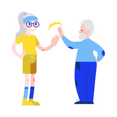 Vector illustration of aged man and woman in sportswear giving each other five in flat style - isolated smiling active elderly people for sporty and healthy lifestyle in old age concept.
