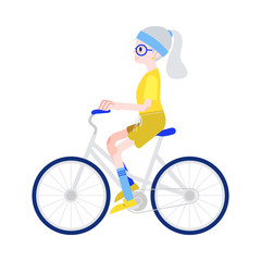 Naklejka premium Vector illustration of elderly woman riding bike in flat style isolated on white background - smiling gray-haired grandmother on bicycle for sport and active leisure in old age concept.