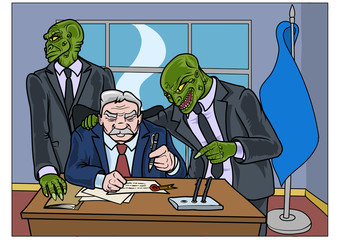 Two reptilians trying to convince a politician to sign a important document. Vector illustration