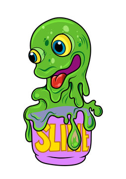 A smiling, cartoon, slime monster flowing from his bucket. Vector illustration
