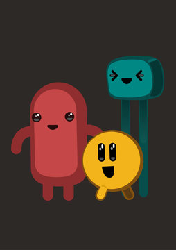 Three cute monsters in kawaii style. Vector illustration