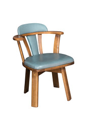 Old retro a wooden chair With brown wood And has a leather seat isolated on white background