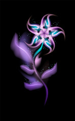 Ultraviolet glowing colorful flower. Modern ornamental floral violet element in black background. Beautiful trendy illuminated ornaments with decorative luxury glow design. Vector illustration